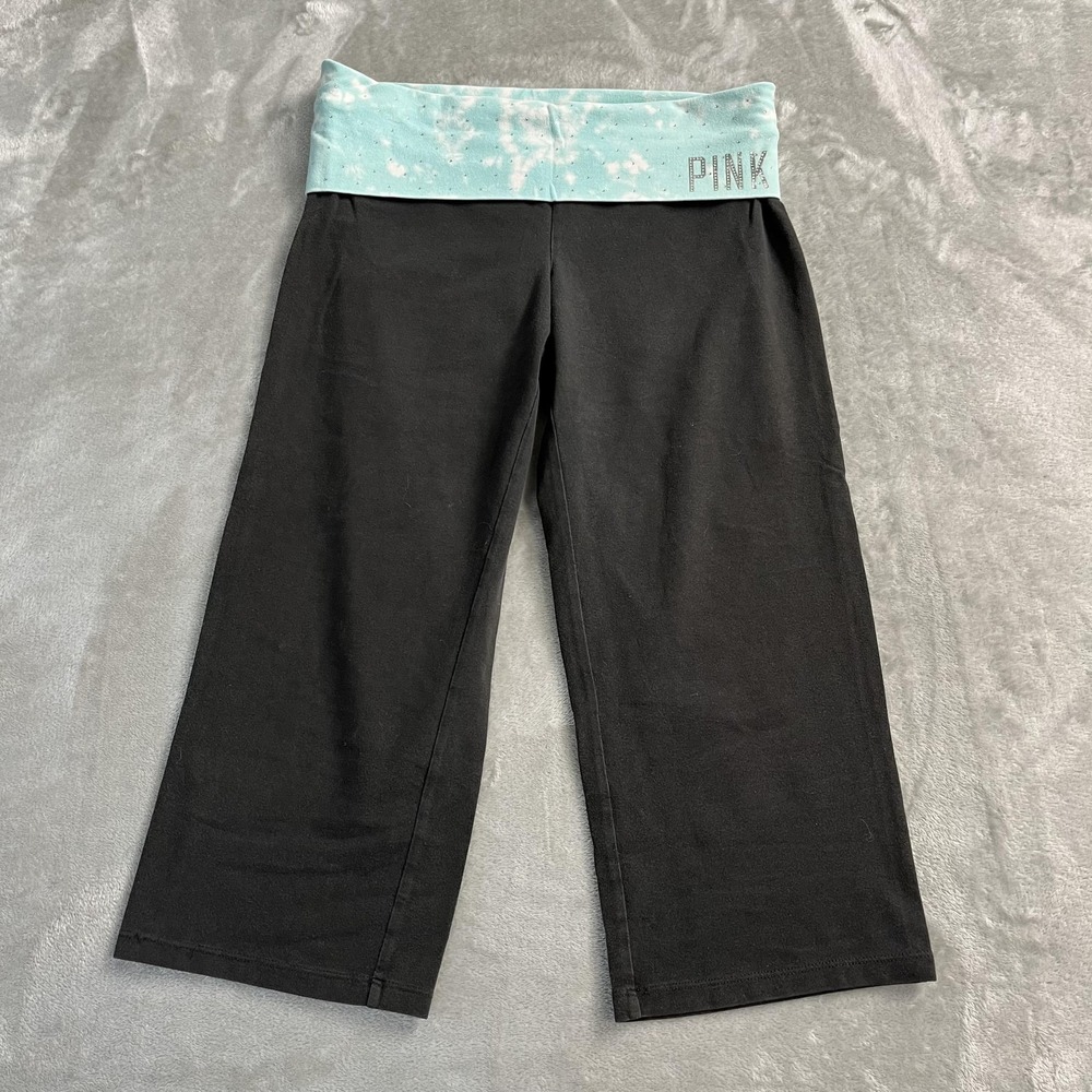 Pink Victoria's Secret Pants Medium Black Capri Foldover Tie Dye Yoga Y2K Fem